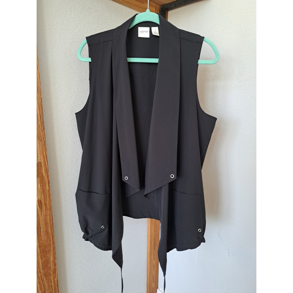 Chicos Zenergy Womens Black Open Front Draped Vest Grommet Drawstring Size 2 L